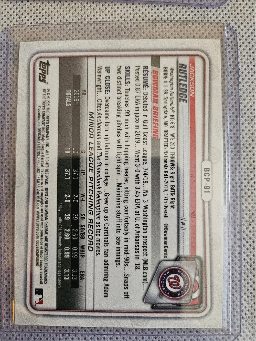 Jackson Rutledge [Green Refractor Mega Mojo]#BCP-91 -2020 Bowman Chrome Prospect